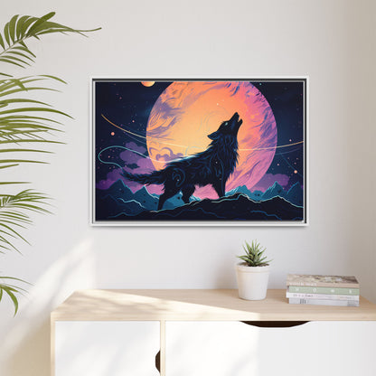 Wolf Howling at the Moon Canvas Art - Colorful Framed Wall Decor