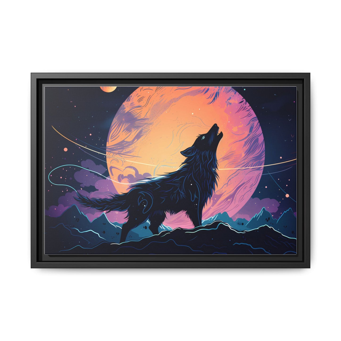 Wolf Howling at the Moon Canvas Art - Colorful Framed Wall Decor