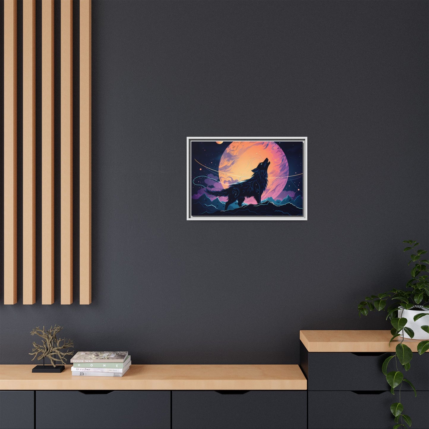 Wolf Howling at the Moon Canvas Art - Colorful Framed Wall Decor