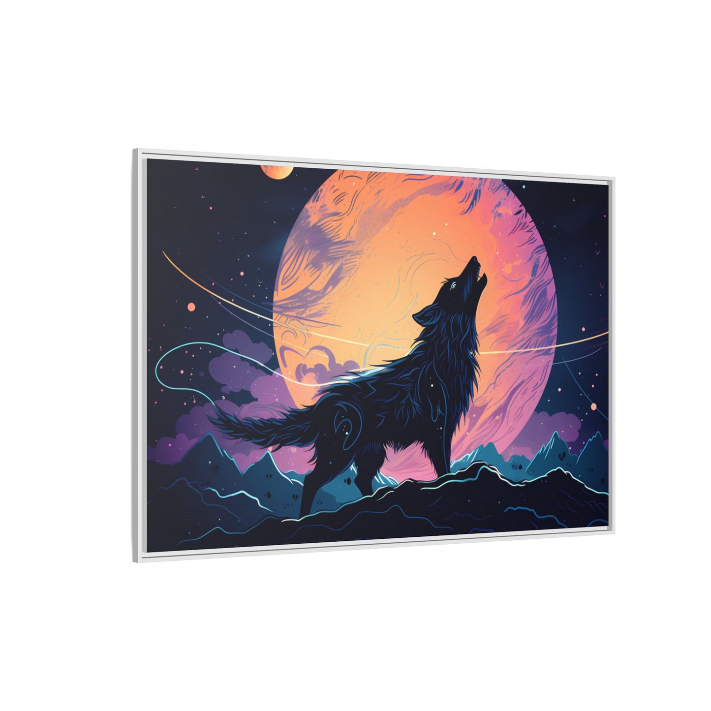 Wolf Howling at the Moon Canvas Art - Colorful Framed Wall Decor