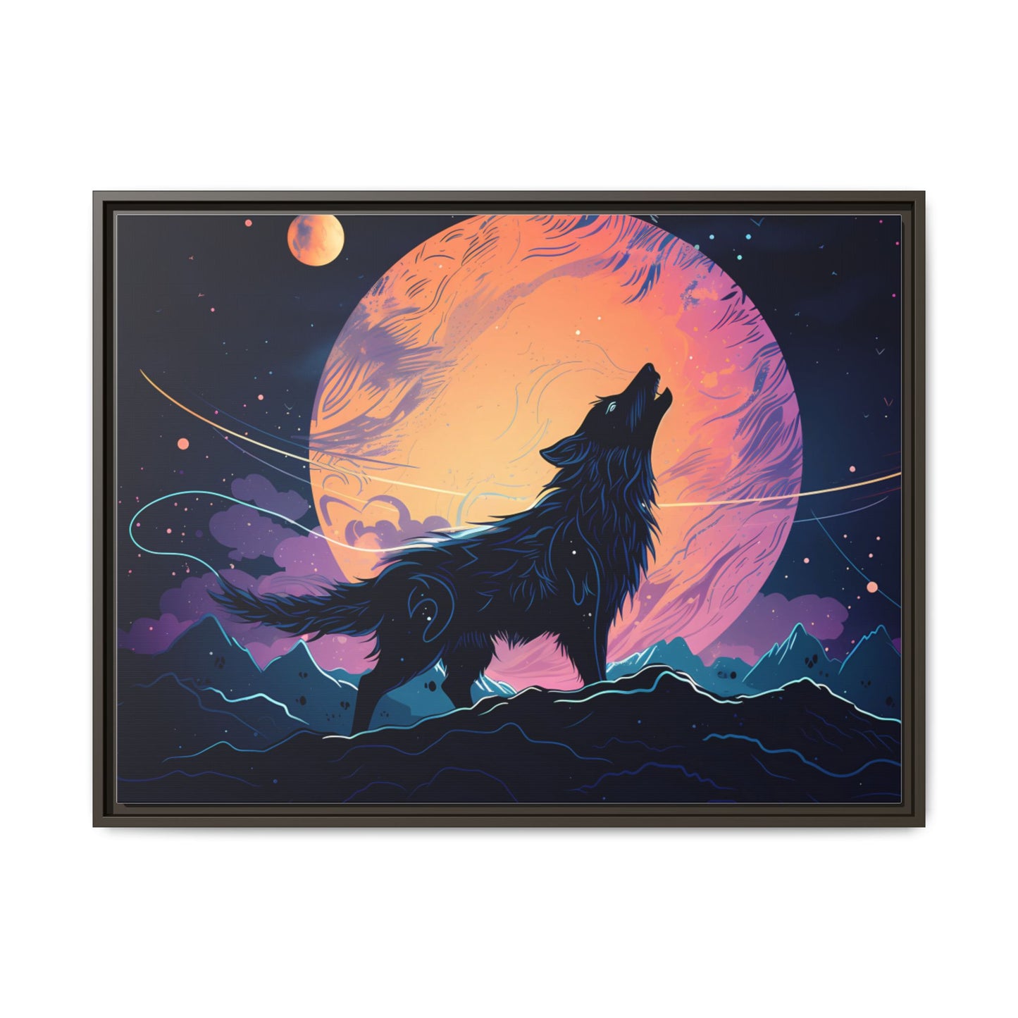 Wolf Howling at the Moon Canvas Art - Colorful Framed Wall Decor