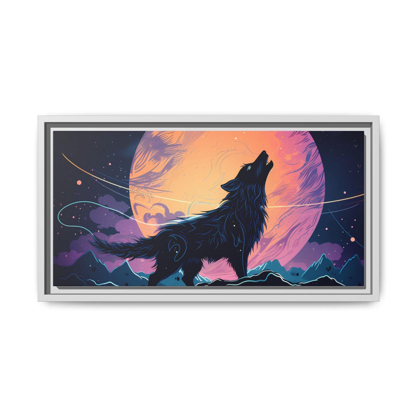 Wolf Howling at the Moon Canvas Art - Colorful Framed Wall Decor