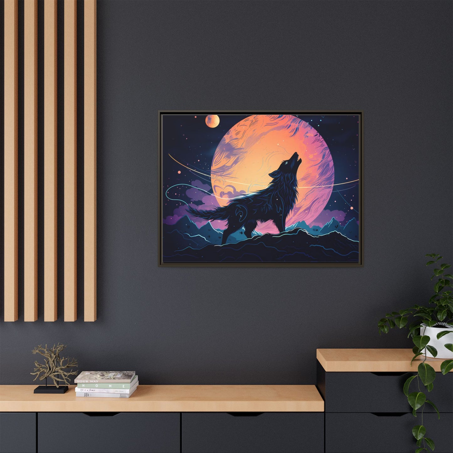 Wolf Howling at the Moon Canvas Art - Colorful Framed Wall Decor