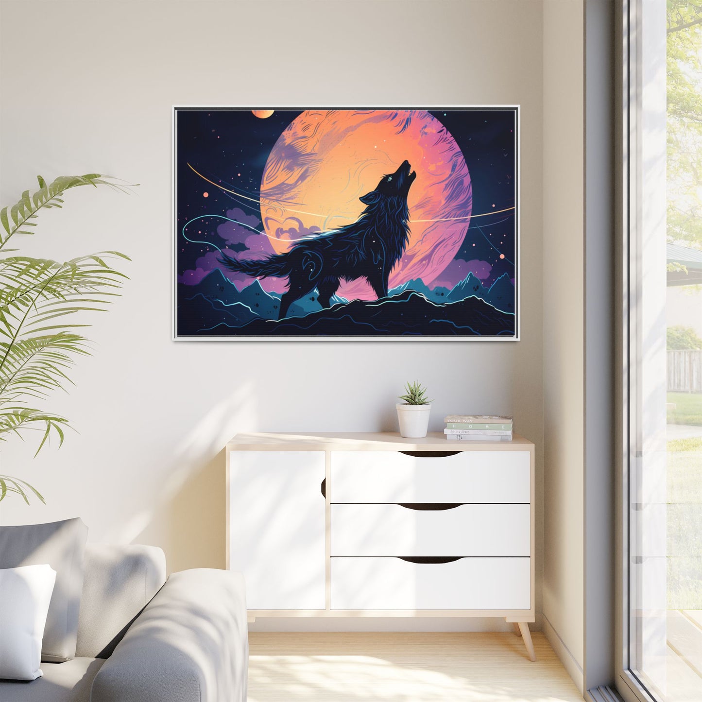 Wolf Howling at the Moon Canvas Art - Colorful Framed Wall Decor