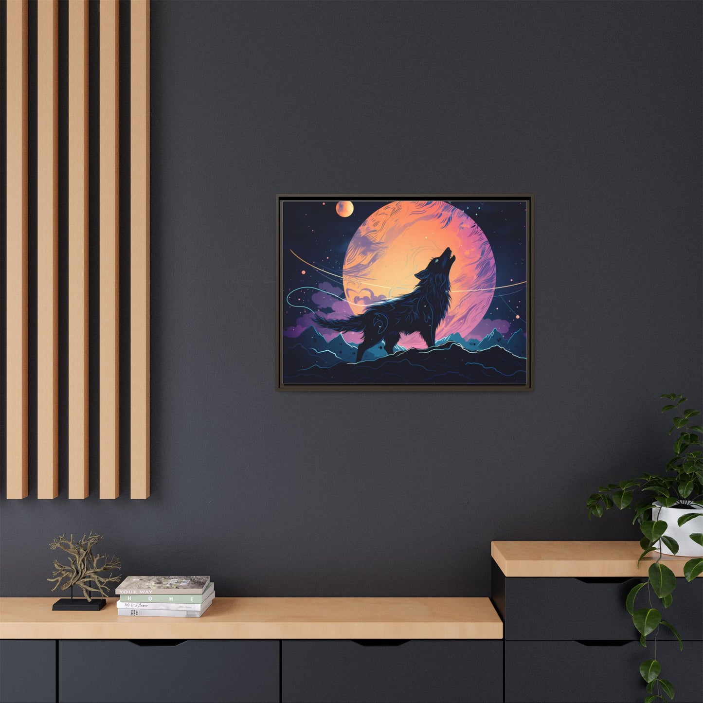 Wolf Howling at the Moon Canvas Art - Colorful Framed Wall Decor