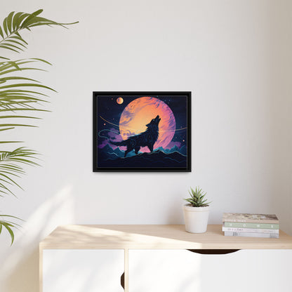 Wolf Howling at the Moon Canvas Art - Colorful Framed Wall Decor