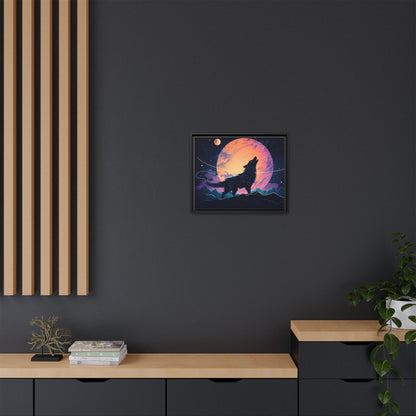 Wolf Howling at the Moon Canvas Art - Colorful Framed Wall Decor