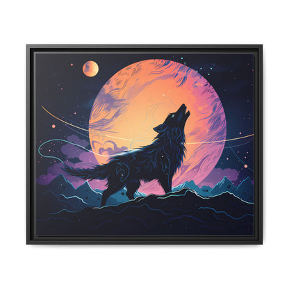 Wolf Howling at the Moon Canvas Art - Colorful Framed Wall Decor