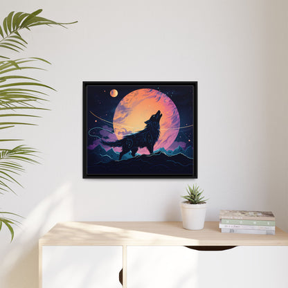 Wolf Howling at the Moon Canvas Art - Colorful Framed Wall Decor