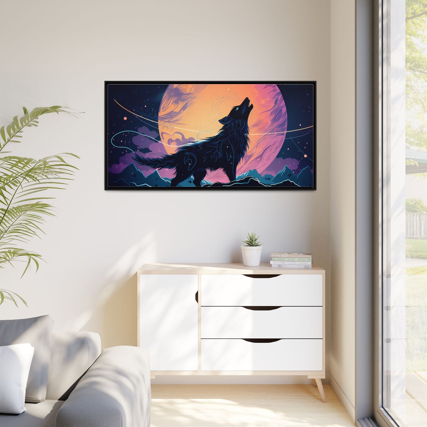 Wolf Howling at the Moon Canvas Art - Colorful Framed Wall Decor