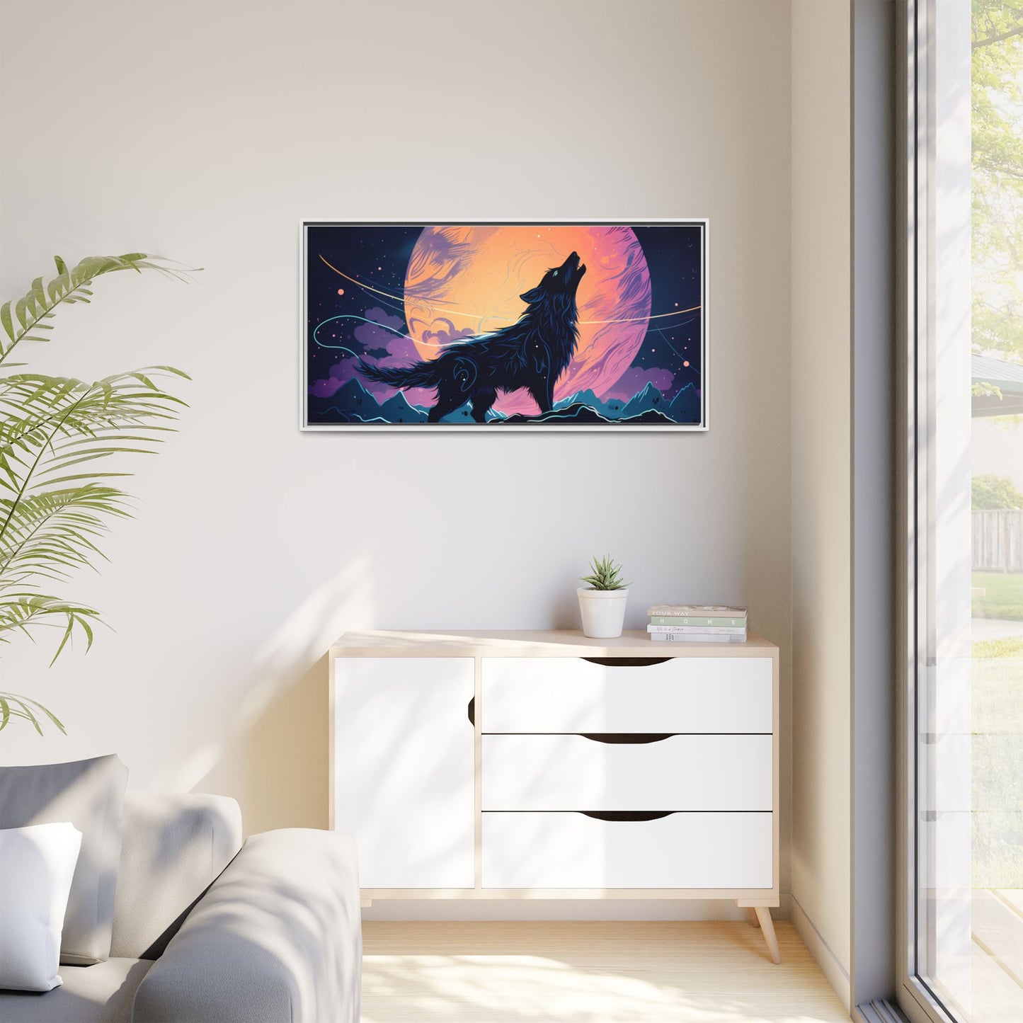 Wolf Howling at the Moon Canvas Art - Colorful Framed Wall Decor