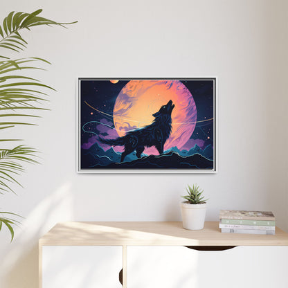 Wolf Howling at the Moon Canvas Art - Colorful Framed Wall Decor