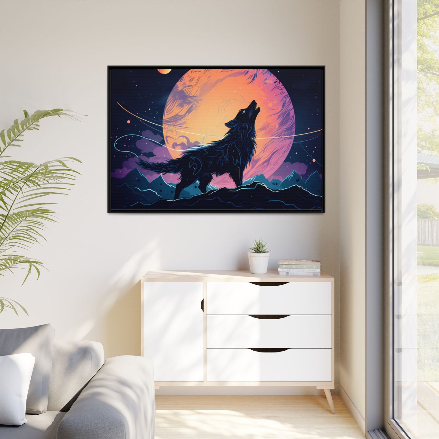 Wolf Howling at the Moon Canvas Art - Colorful Framed Wall Decor