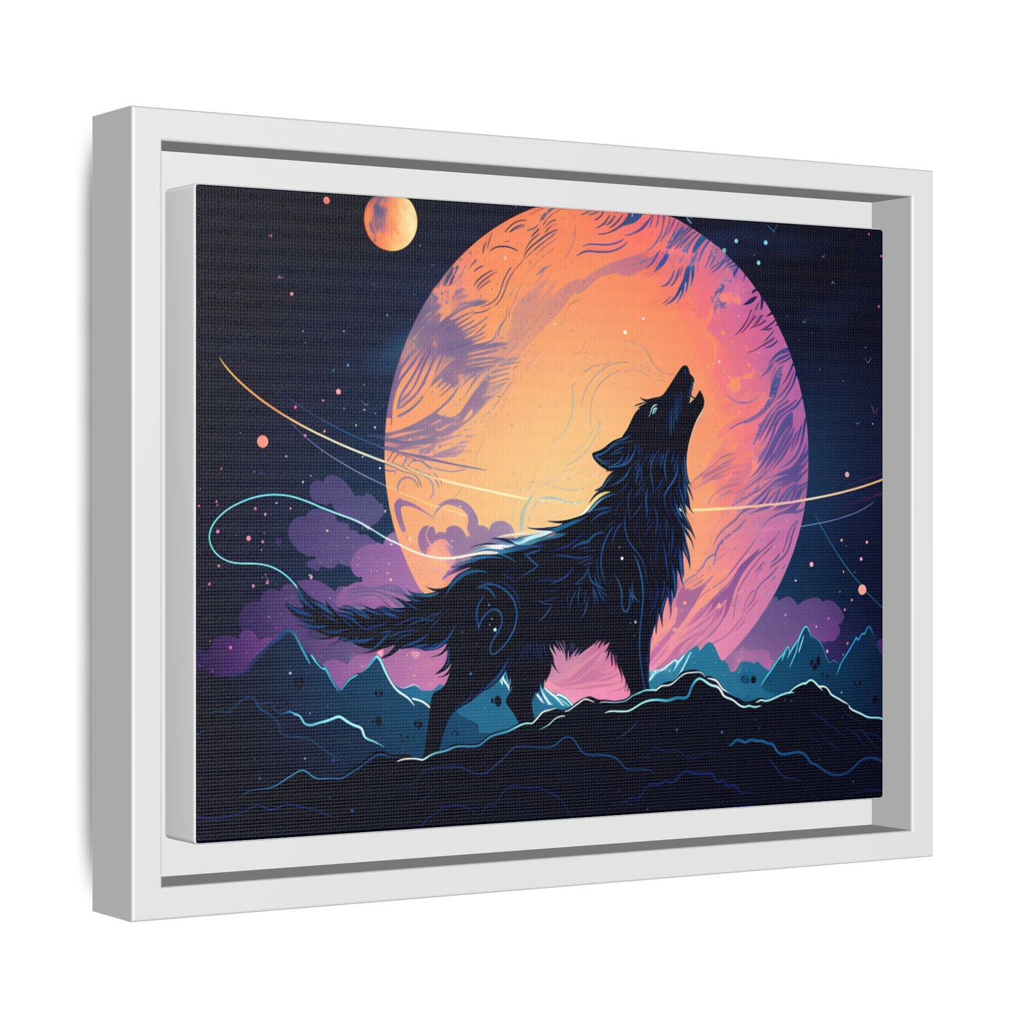 Wolf Howling at the Moon Canvas Art - Colorful Framed Wall Decor