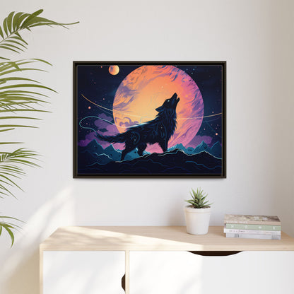 Wolf Howling at the Moon Canvas Art - Colorful Framed Wall Decor