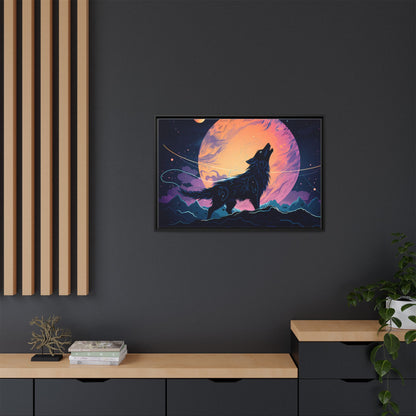 Wolf Howling at the Moon Canvas Art - Colorful Framed Wall Decor