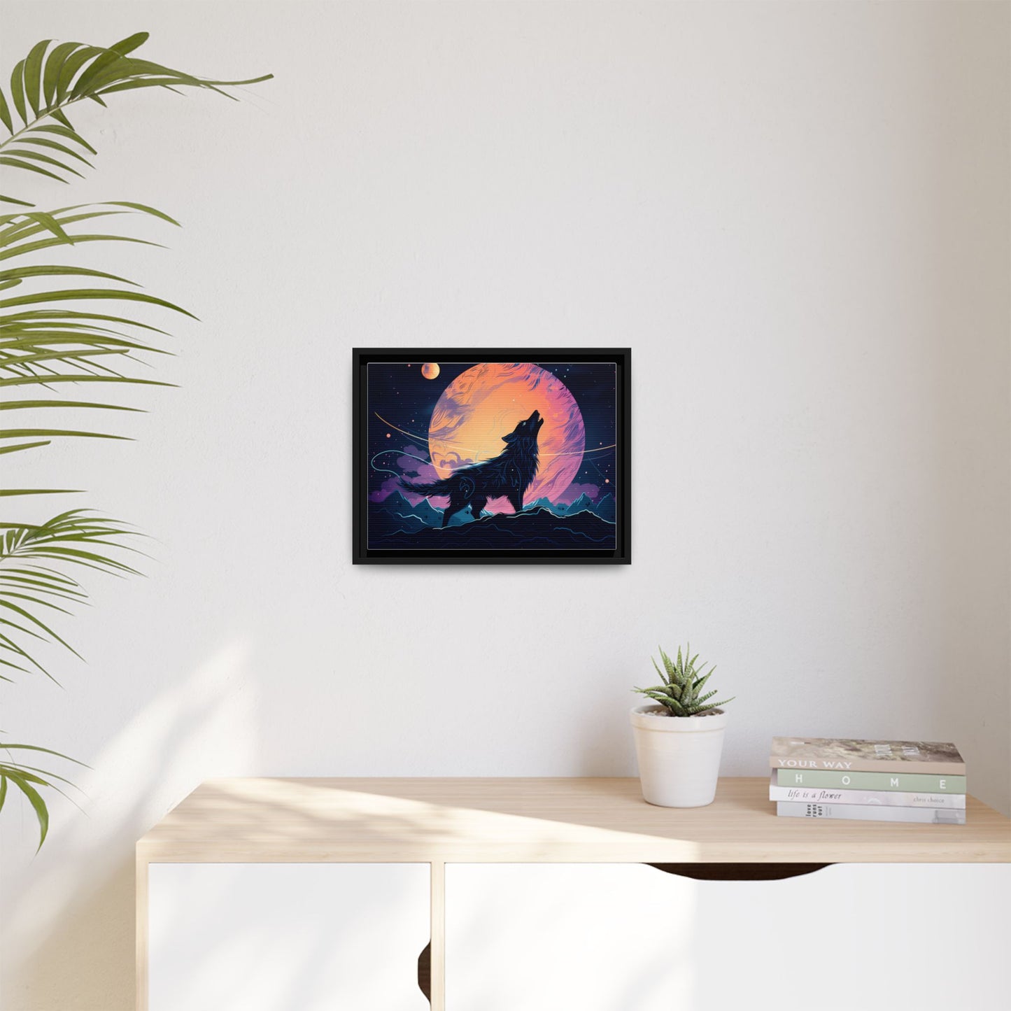 Wolf Howling at the Moon Canvas Art - Colorful Framed Wall Decor