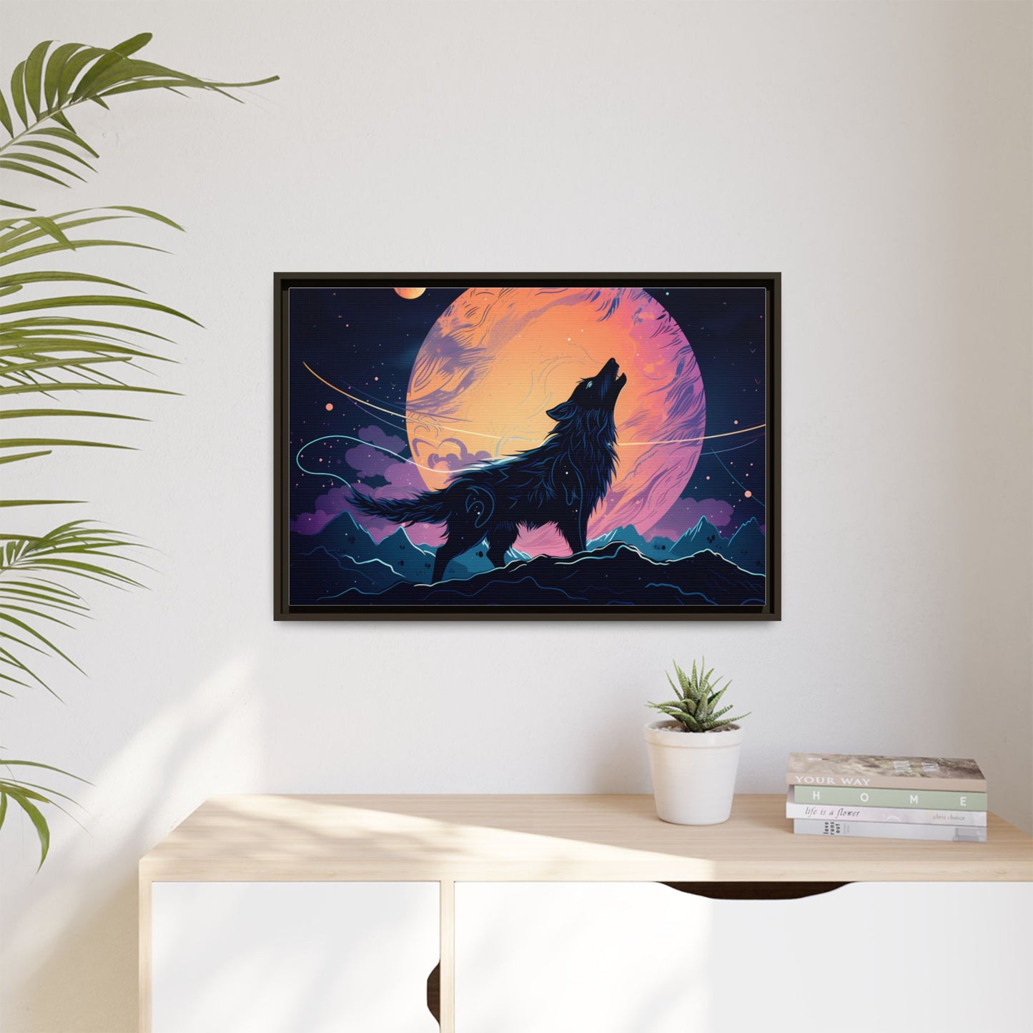 Wolf Howling at the Moon Canvas Art - Colorful Framed Wall Decor