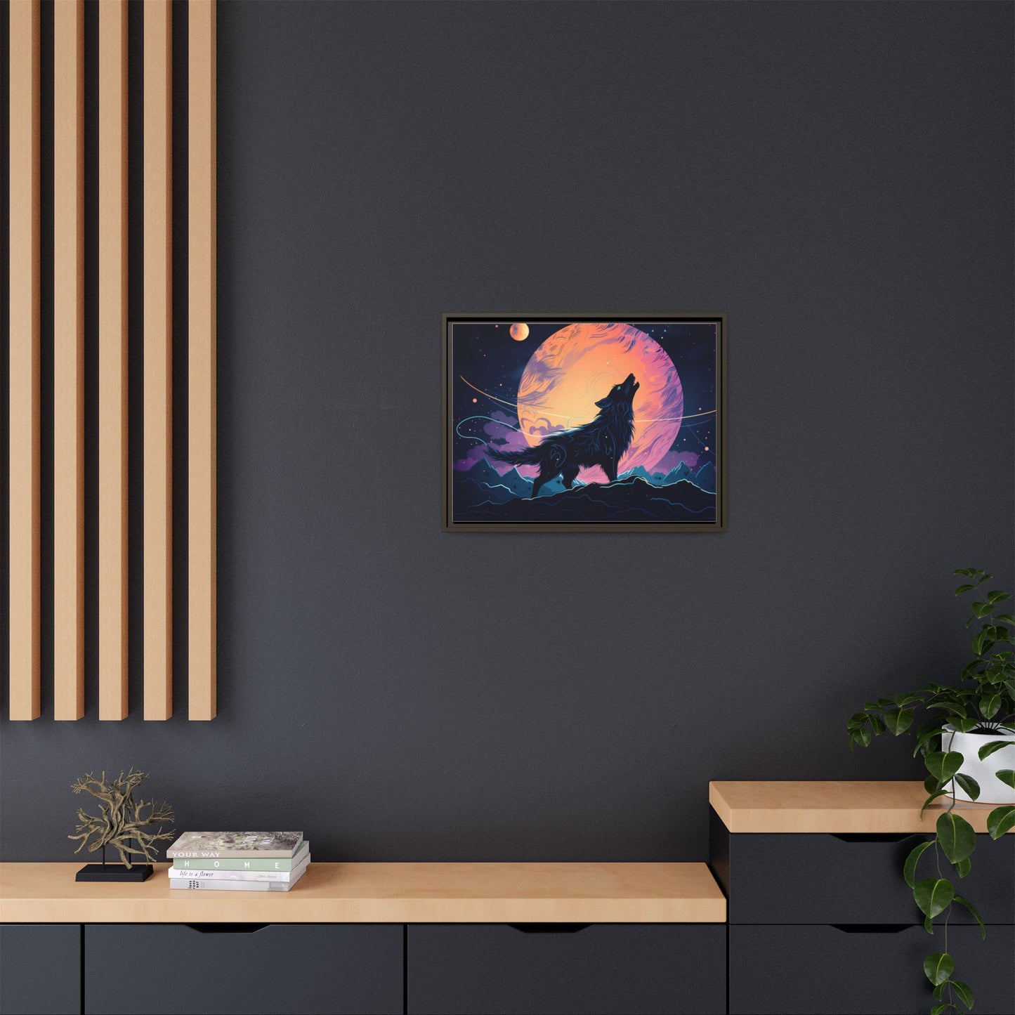 Wolf Howling at the Moon Canvas Art - Colorful Framed Wall Decor