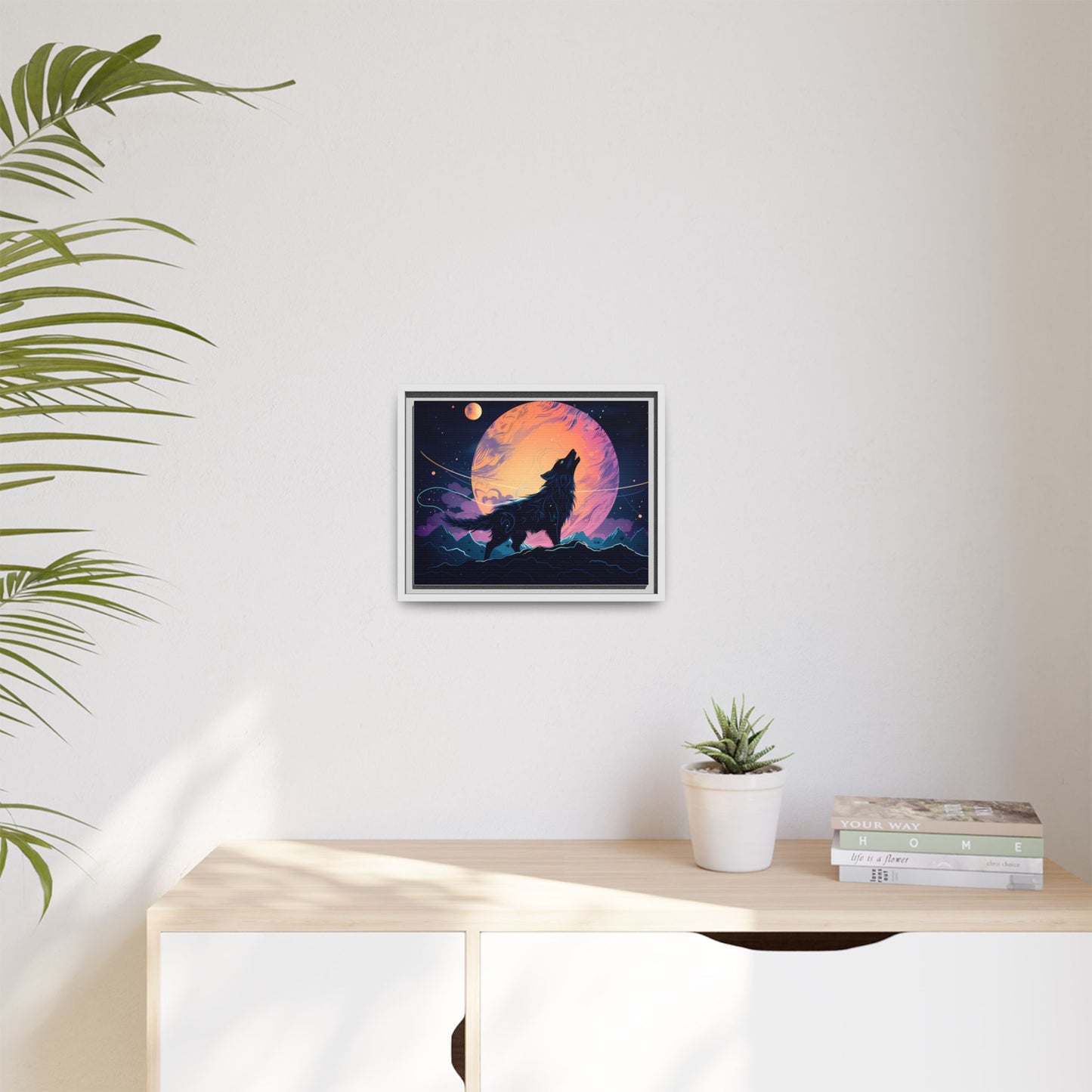 Wolf Howling at the Moon Canvas Art - Colorful Framed Wall Decor