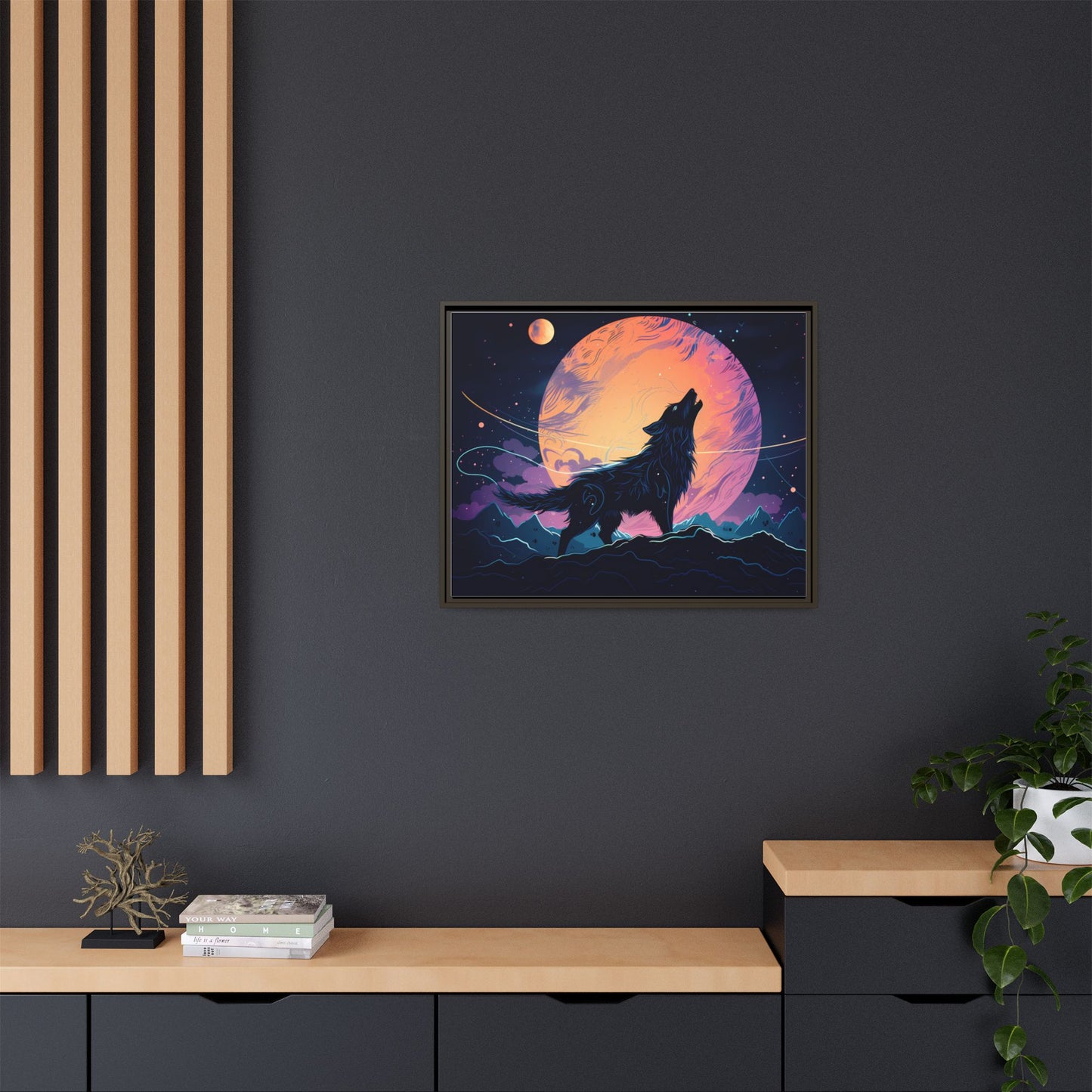 Wolf Howling at the Moon Canvas Art - Colorful Framed Wall Decor