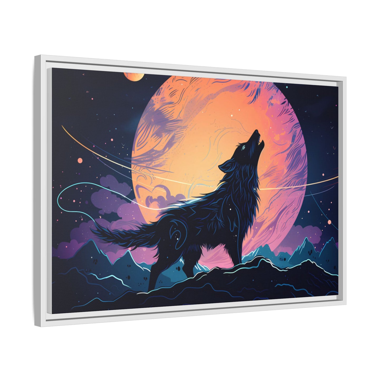 Wolf Howling at the Moon Canvas Art - Colorful Framed Wall Decor