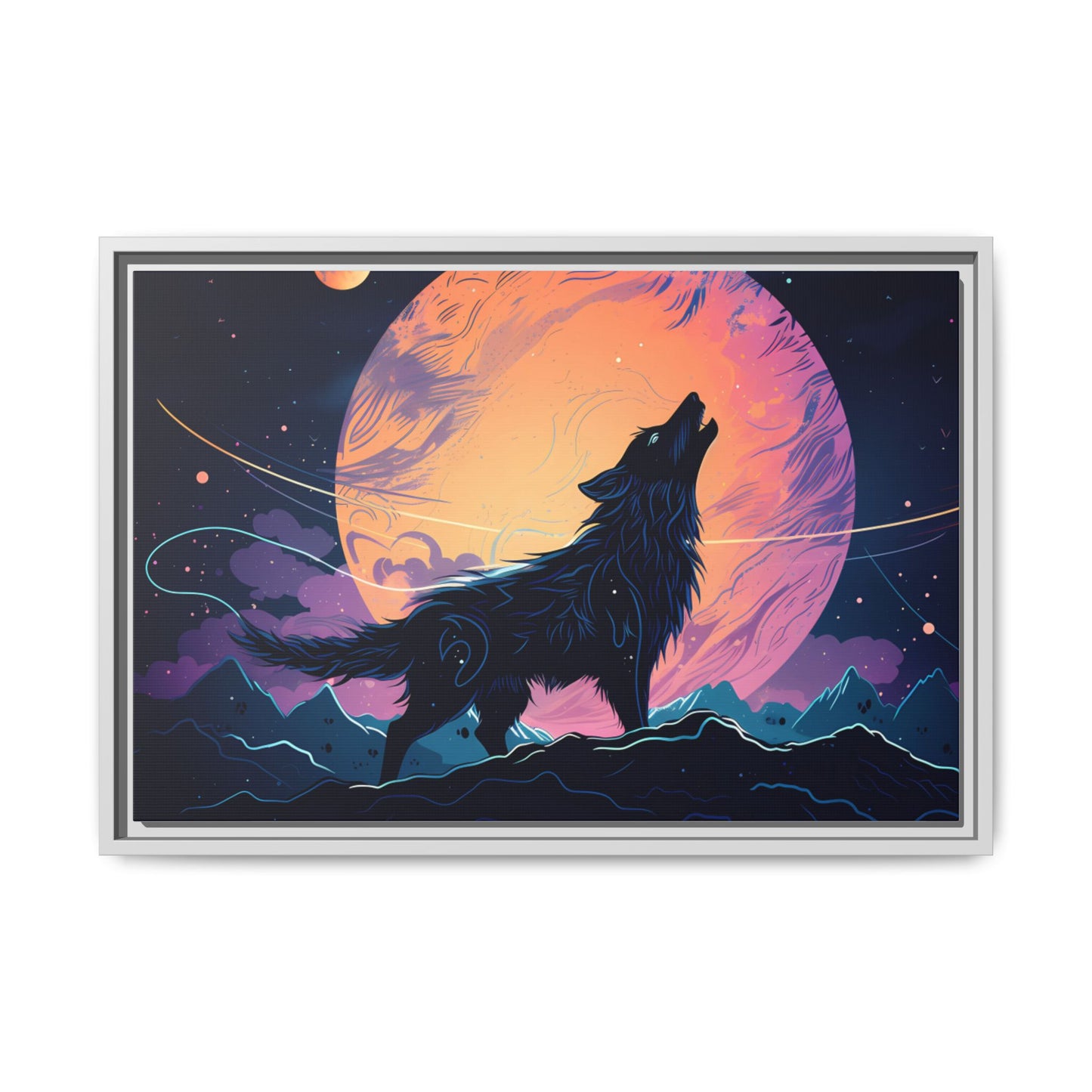 Wolf Howling at the Moon Canvas Art - Colorful Framed Wall Decor