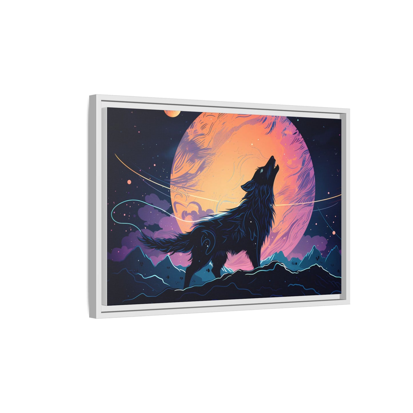 Wolf Howling at the Moon Canvas Art - Colorful Framed Wall Decor