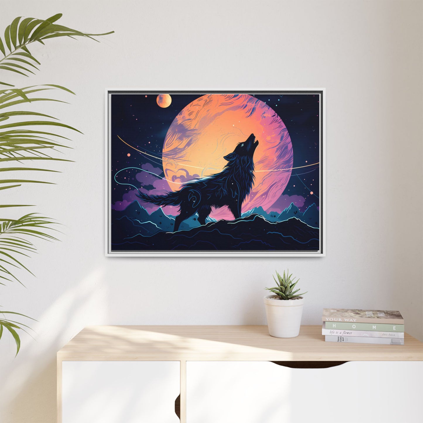 Wolf Howling at the Moon Canvas Art - Colorful Framed Wall Decor