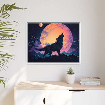 Wolf Howling at the Moon Canvas Art - Colorful Framed Wall Decor