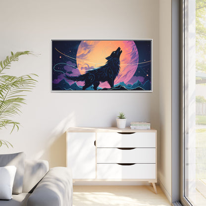 Wolf Howling at the Moon Canvas Art - Colorful Framed Wall Decor