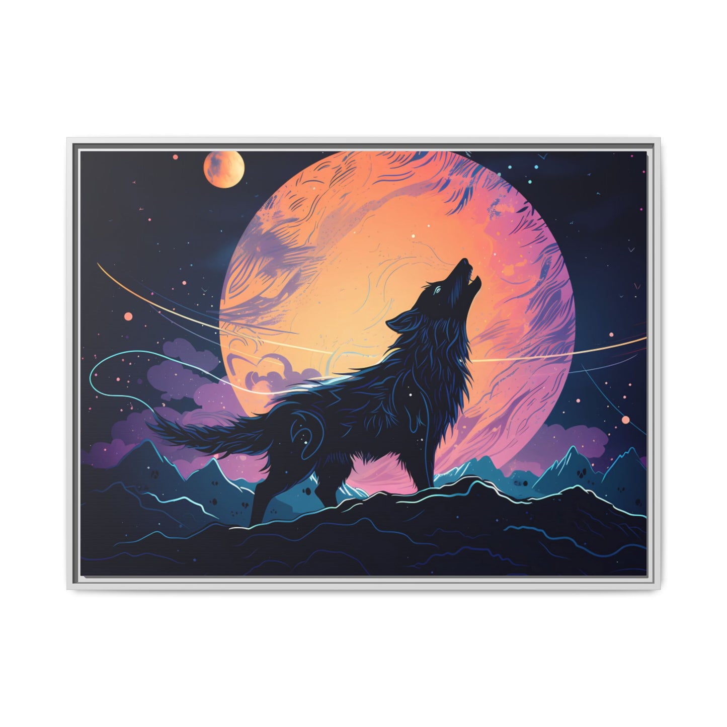 Wolf Howling at the Moon Canvas Art - Colorful Framed Wall Decor