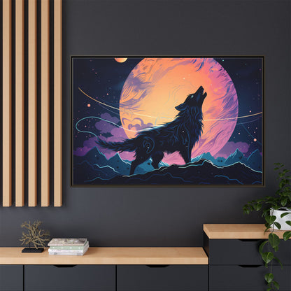 Wolf Howling at the Moon Canvas Art - Colorful Framed Wall Decor