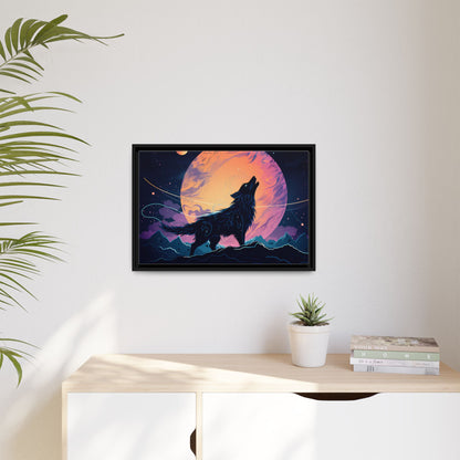 Wolf Howling at the Moon Canvas Art - Colorful Framed Wall Decor