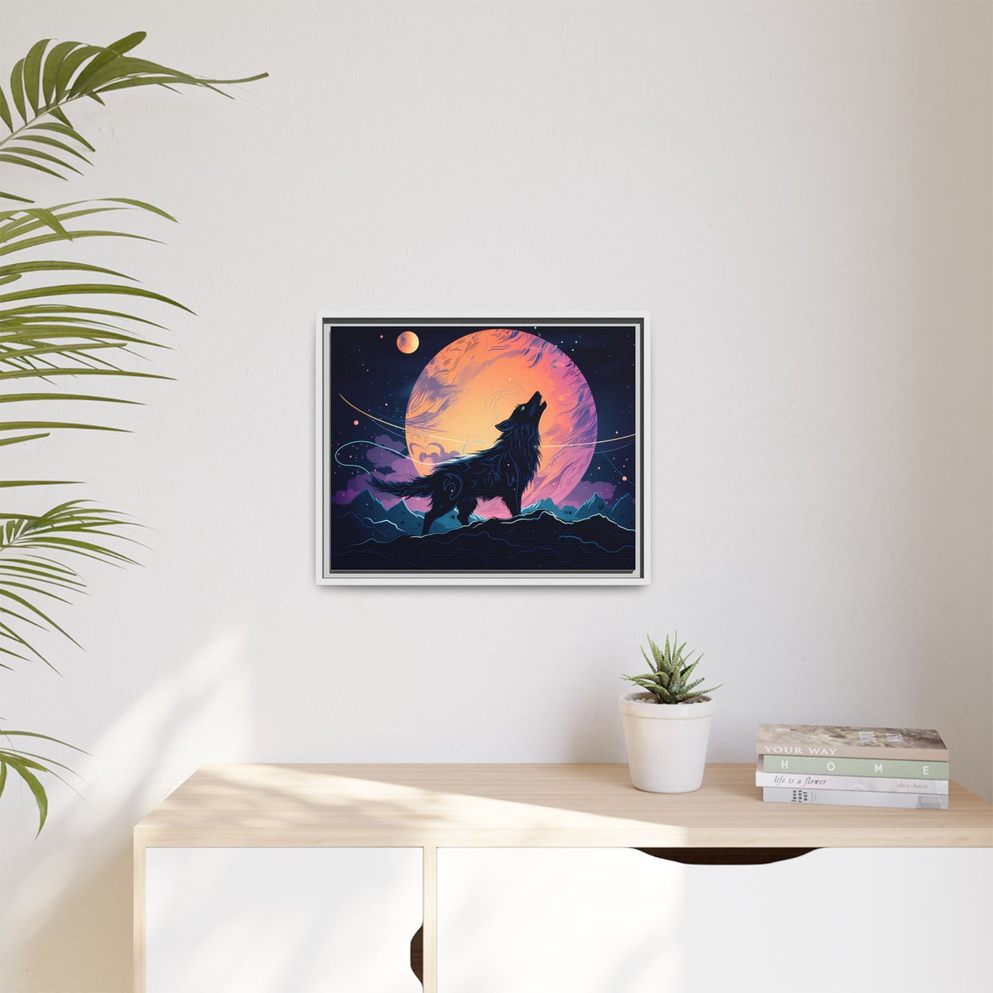 Wolf Howling at the Moon Canvas Art - Colorful Framed Wall Decor