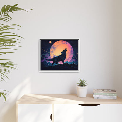 Wolf Howling at the Moon Canvas Art - Colorful Framed Wall Decor