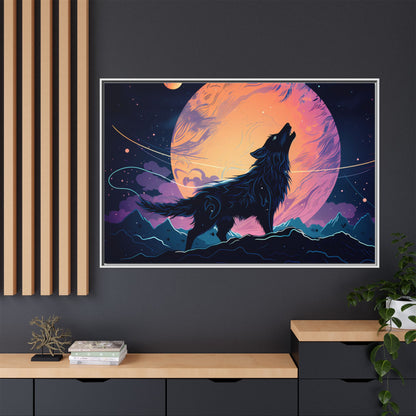 Wolf Howling at the Moon Canvas Art - Colorful Framed Wall Decor