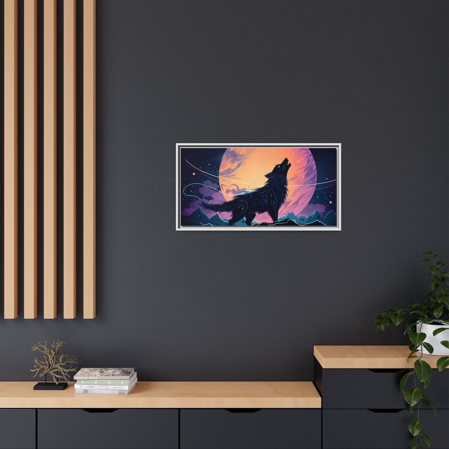 Wolf Howling at the Moon Canvas Art - Colorful Framed Wall Decor