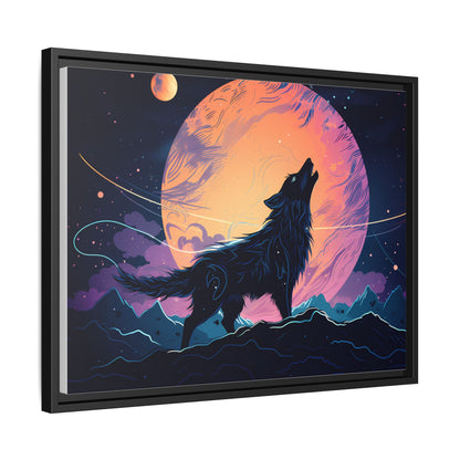 Wolf Howling at the Moon Canvas Art - Colorful Framed Wall Decor