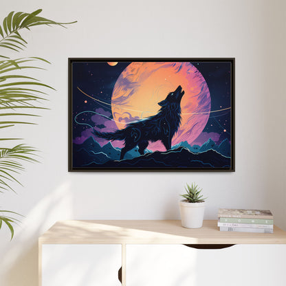 Wolf Howling at the Moon Canvas Art - Colorful Framed Wall Decor