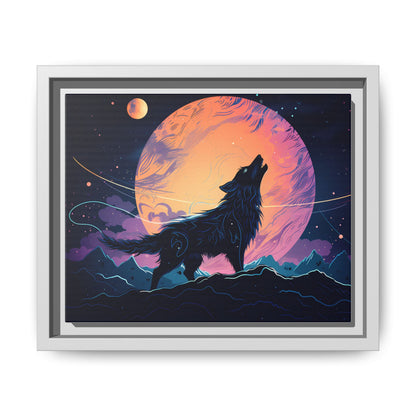 Wolf Howling at the Moon Canvas Art - Colorful Framed Wall Decor