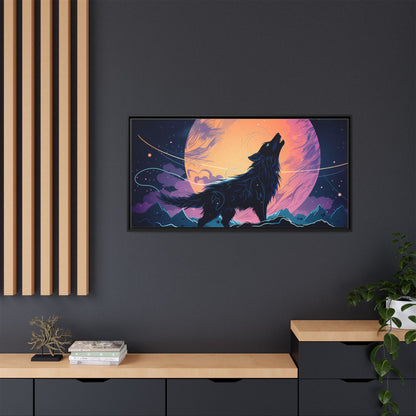 Wolf Howling at the Moon Canvas Art - Colorful Framed Wall Decor