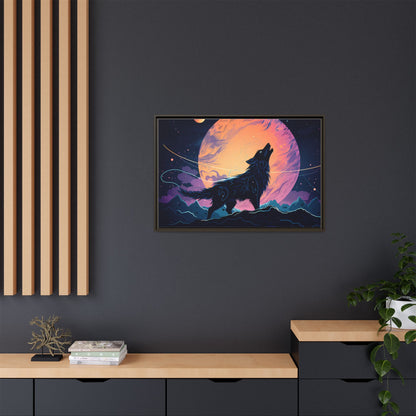 Wolf Howling at the Moon Canvas Art - Colorful Framed Wall Decor