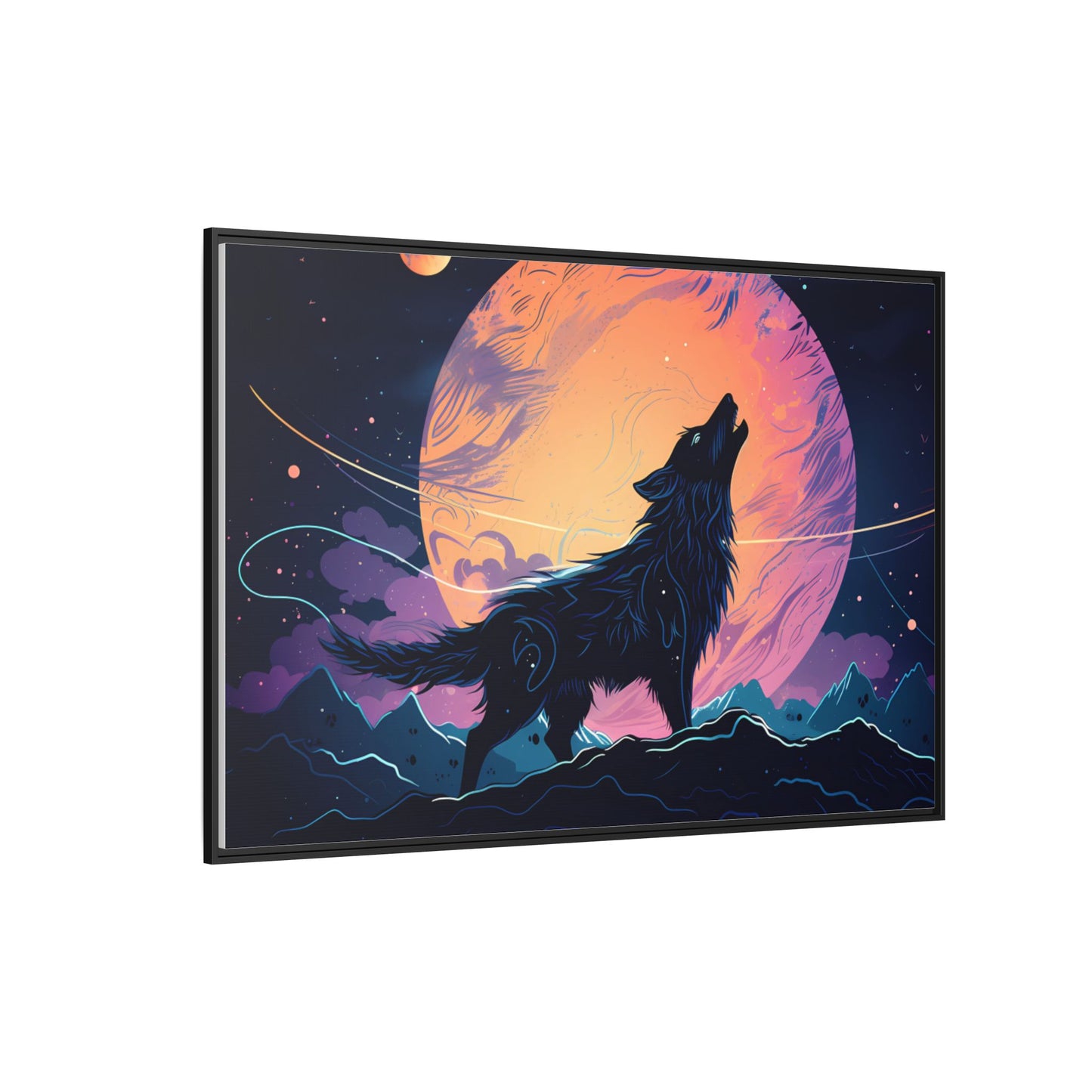 Wolf Howling at the Moon Canvas Art - Colorful Framed Wall Decor