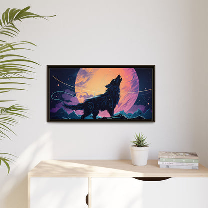 Wolf Howling at the Moon Canvas Art - Colorful Framed Wall Decor