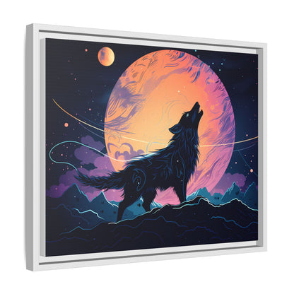 Wolf Howling at the Moon Canvas Art - Colorful Framed Wall Decor