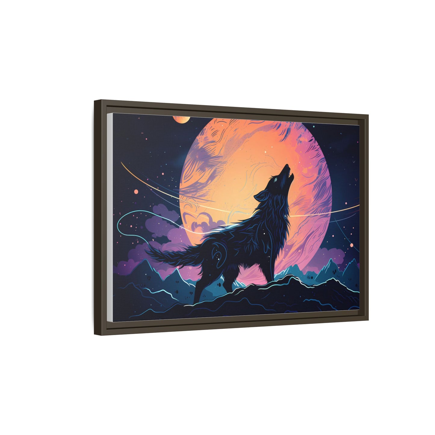 Wolf Howling at the Moon Canvas Art - Colorful Framed Wall Decor