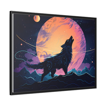 Wolf Howling at the Moon Canvas Art - Colorful Framed Wall Decor