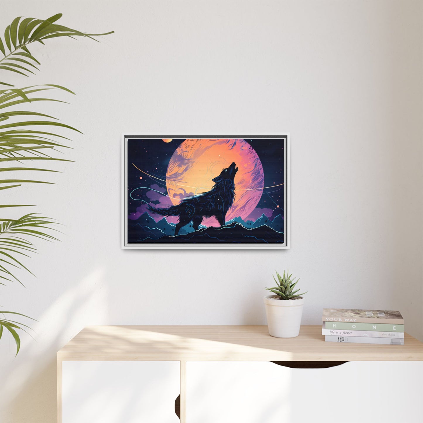 Wolf Howling at the Moon Canvas Art - Colorful Framed Wall Decor