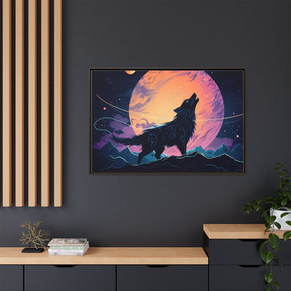 Wolf Howling at the Moon Canvas Art - Colorful Framed Wall Decor